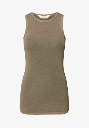 Brūns bezpiedurkņu tops, izgatavots no teksturēta materiāla, ar pieguļošu dizainu, apaļu izgriezumu un taisnu apakšmalu; minimālas šuves un zīmoli iekšpusē.