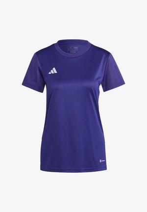 Lila Sportshirt aus glattem, leichtem Stoff. Mit Rundhalsausschnitt, kurzen Ärmeln und Mesh-Details, sowie einem weißen Adidas-Logo auf der Vorderseite.