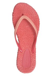 Rosa flip-flop sandal med en texturerad gummisula, med glänsande, genomskinliga remmar. Designen är enkel, med en något upphöjd logotypdetalj.