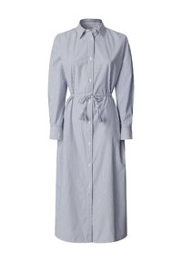 Φόρεμα πουκάμισο με μακριά μανίκια, μέχρι το γόνατο, με κάθετες μπλε και άσπρες ρίγες, μπροστινό κλείσιμο με κουμπιά, γιακά και δεμένη ζώνη στη μέση με φούντες.