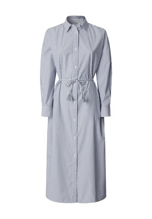 Φόρεμα πουκάμισο με μακριά μανίκια, μέχρι το γόνατο, με κάθετες μπλε και άσπρες ρίγες, μπροστινό κλείσιμο με κουμπιά, γιακά και δεμένη ζώνη στη μέση με φούντες.
