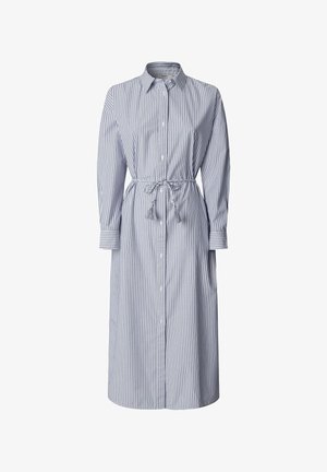 Φόρεμα πουκάμισο με μακριά μανίκια, μέχρι το γόνατο, με κάθετες μπλε και άσπρες ρίγες, μπροστινό κλείσιμο με κουμπιά, γιακά και δεμένη ζώνη στη μέση με φούντες.