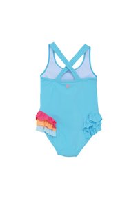 Ljusblå baddräkt med korsade ryggband. Har volanger i rosa, orange och ljusblått på båda sidor. Mjuk tygtextur.