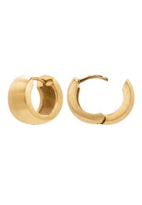 Goldfarbene Creolen mit matter Oberfläche, leicht gebogener Form und einer Scharnieröffnung, die eine glatte und strukturierte Oberfläche aufweisen.