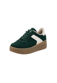 Green suede sneaker with white accents, lace-up front, and textured rubber sole. Features a cushioned collar and stitched detailing.