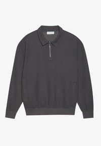 Pullover grigio scuro con collo con cerniera, tessuto strutturato, maniche lunghe, polsini e orlo a coste, con tasche laterali e vestibilità comoda.