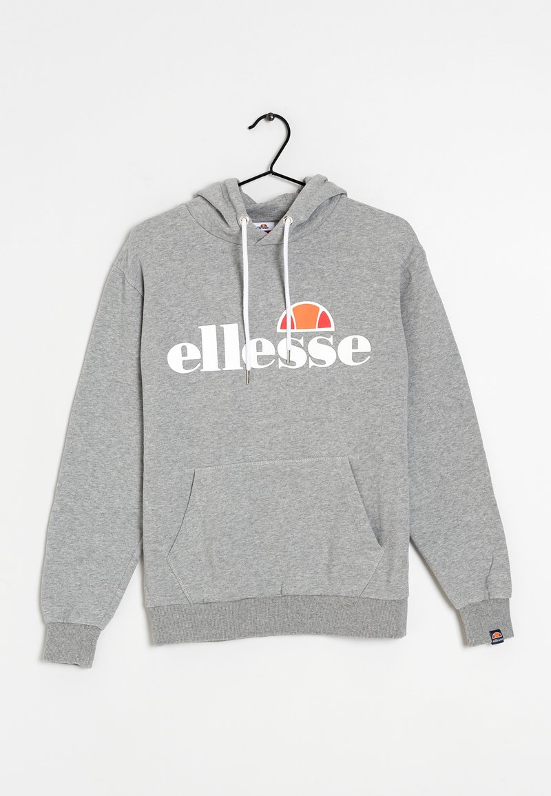 Felpa grigia in misto cotone, con tasca frontale, cappuccio con cordino e un logo bianco, arricchito da un accento ad arco arancione.