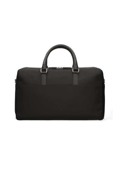 Borsa duffle nera realizzata in tessuto testurizzato con accenti in pelle, con doppie maniglie superiori e chiusura con zip dotata di hardware metallico.