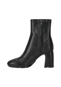 Stivaletto nero alla caviglia con finitura in pelle lucida, punta quadrata e tacco largo. Presenta doppie cerniere laterali per una facile calzata e svestizione.
