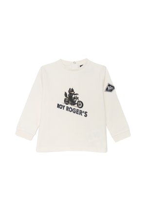 Maglietta a maniche lunghe crema in cotone, con una grafica di motocicletta e il testo "ROY ROGER'S". Include un patch con logo a diamante sulla manica.