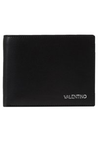 Portofel din piele neagră cu o textură netedă, design pliat și un logo argintiu "VALENTINO" în colțul din dreapta jos.