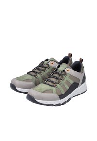 Green and gray sports shoes with a mesh upper, contrasting textures, reinforced toe, black laces, and a thick white sole.