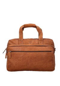 Borsa a tracolla in pelle marrone con doppi manici superiori, dotata di una tasca frontale con zip e una texture liscia. Design minimalista, forma rettangolare.