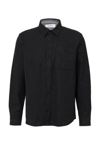 Zwarte button-up shirt gemaakt van een geweven stof, met een kraag, een enkele borstzak en lange mouwen met knoopmanchetten.