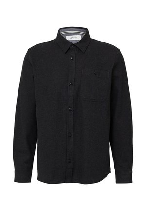 Black button-up shirt made of a textured fabric, featuring a collared neck, single chest pocket, and long sleeves with buttoned cuffs.