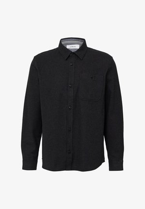 Schwarzes Hemd mit Knopfleiste, aus einem strukturierten Stoff, mit kragenförmigem Ausschnitt, einer einzelnen Brusttasche und langen Ärmel mit geknöpften Manschetten.