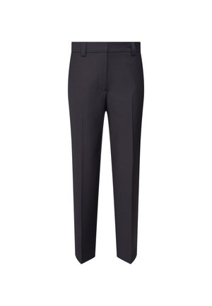 Pantaloni eleganti grigi scuri con passanti per cintura e piega frontale, presentati su uno sfondo bianco.