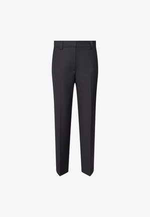 Dark gray tailored dress pants with belt loops and front crease, displayed against a white background.