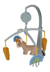 Gray mobile with plush animal toys: a donkey, a carrot, and a sheep. Textured fabric, bright colors, and yellow hanging straps for attachment.