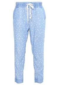 Helle blaue Jeans mit einem weißen Vogelmuster, ausgestattet mit einem elastischen Bund, Kordelzug und seitlichen Taschen.