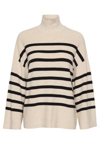 Krämfärgad högkragetröja med svarta horisontella ränder. Har en ribbad textur och avslappnad passform med vida ärmar. Enkel, klassisk design.