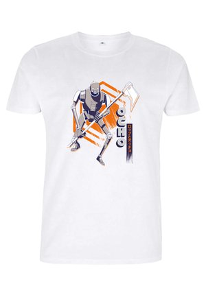 T-shirt in cotone bianco con una grafica di un robot che tiene un'ascia, con accenti blu e arancioni e la parola "OCHO" in caratteri neri in grassetto.