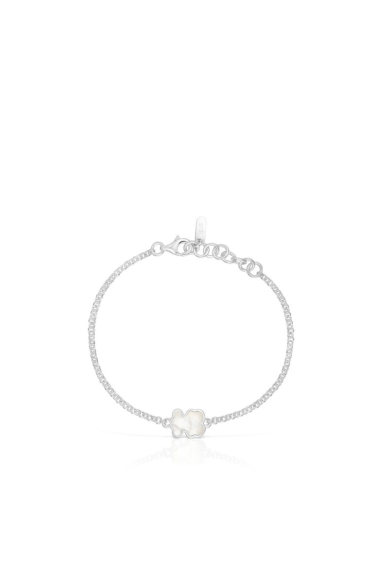 Bracciale a catena in argento con un charm centrale a forma di nuvola allungata, caratterizzato da una superficie lucida e iridescente.
