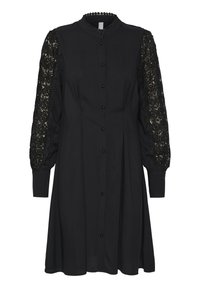 Black shirt dress with lace puff sleeves, button-front closure, high neckline, and pleated skirt. Features textured lace detailing on sleeves.