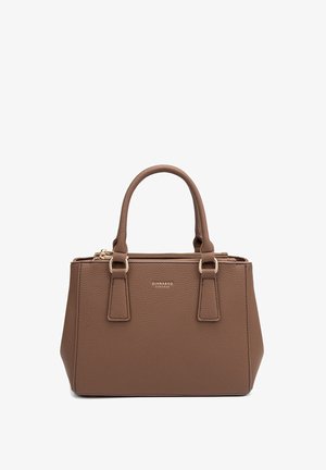 Borsa a mano in pelle marrone con design strutturato, chiusura con zip superiore e due manici corti. Presenta un logo sottile e dettagli in metallo dorato.