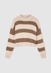Beżowy i brązowy sweter z paskami, krótki, z okrągłym dekoltem i długimi rękawami; miękka, dziana faktura; naprzemienne szerokie i wąskie paski.