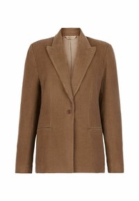 Brun kordflöjtsblazer med en knapp, snedskurna slag och två framfickor. Strukturerad tyg med vertikala ribbor och vanlig insida.