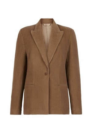 Brun kordflöjtsblazer med en knapp, snedskurna slag och två framfickor. Strukturerad tyg med vertikala ribbor och vanlig insida.