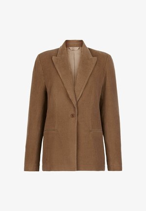 Bruine corduroy blazer met een enkele knoop, opstaande revers en twee voorkruisen. Geverfd materiaal met verticale ribbelstructuur en een effen binnenkant.