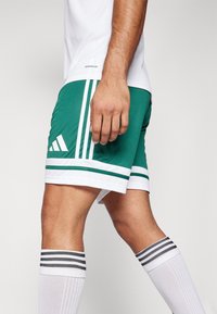 Grønne treningsshorts med hvite striper og tre hvite Adidas-striper på siden. Kombinert med hvite sokker til kneet med svarte striper.