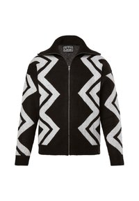 Schwarz-weißer Reißverschluss-Pullover mit Zickzackmuster, aus weichem Material, mit hohem Kragen und gerippten Bündchen.