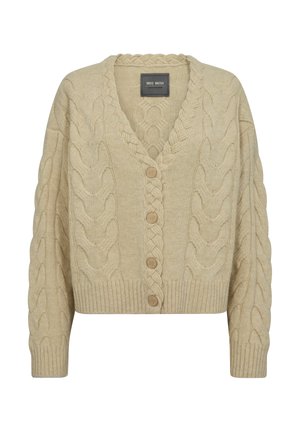 Beige knitted cardigan with a V-neck, prominent cable knit pattern, five wooden buttons, and ribbed cuffs and hem.