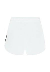 Pantaloni sportivi bianchi con cintura elastica, caratterizzati da una texture liscia e un dettaglio del logo nero sul lato sinistro.