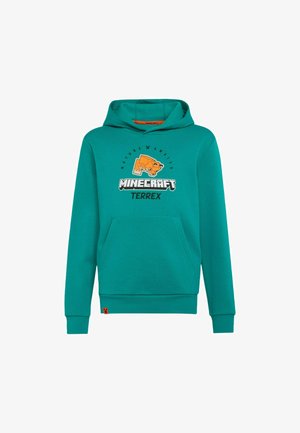 Sudadera con capucha Minecraft en color azul verdoso con un bolsillo delantero, con un gráfico de un animal de Minecraft naranja y el texto "Nature Awaits" y "Terrex" en el pecho.