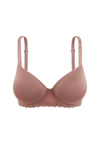 Soutien-gorge mauve rembourré avec bretelles ajustables, bords festonnés, texture lisse et un petit détail logo métallique près de la couture latérale gauche.