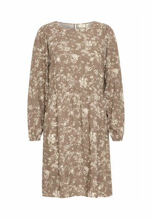 Braunes Blumenkleid mit langen Ärmeln, rundem Ausschnitt, gerafftem Taillenbereich und weißem Blumenmuster. Hergestellt aus leichtem Stoff mit weicher Textur.