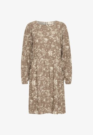 Rochie florală maronie cu mâneci lungi, decolteu rotund, talie strânsă și model floral alb. Fabricată dintr-un material ușor, cu o textură moale.