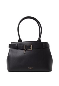 Borsa a tracolla in pelle nera con un design strutturato, caratterizzata da una texture liscia, doppi manici, un accento a cintura con una fibbia dorata e logo del marchio.