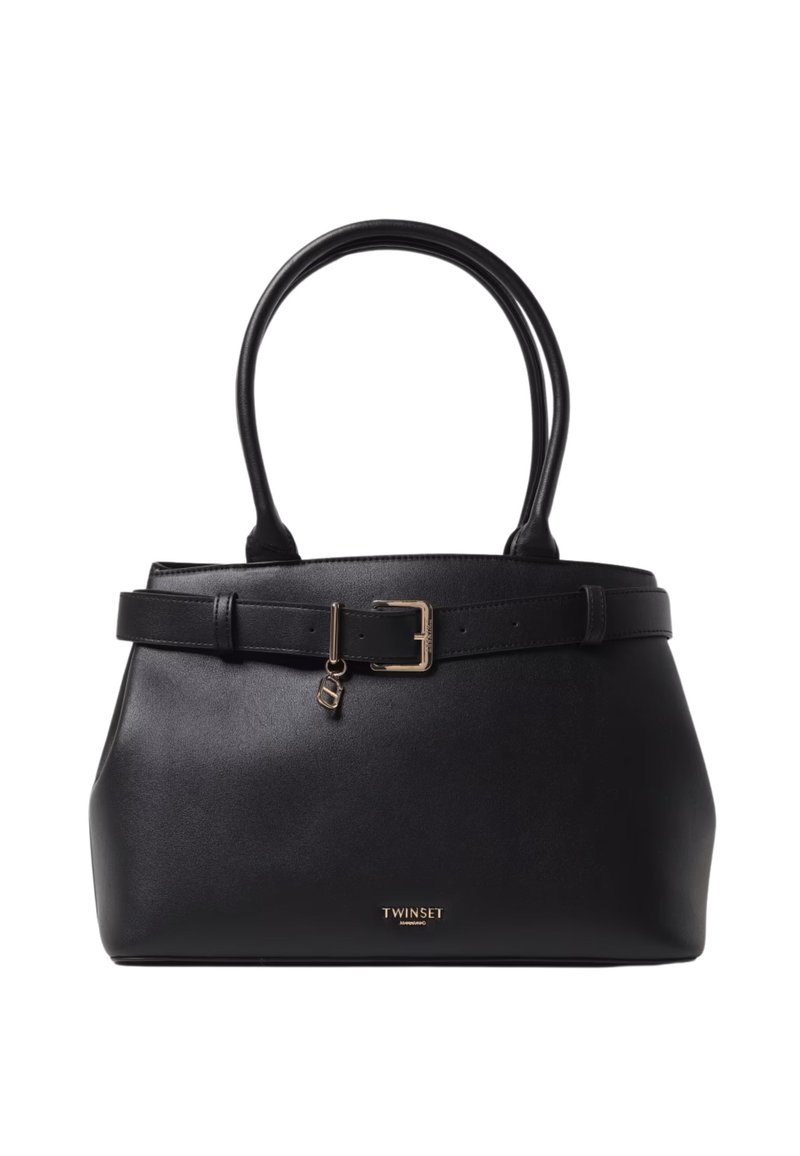 Borsa a tracolla in pelle nera con un design strutturato, caratterizzata da una texture liscia, doppi manici, un accento a cintura con una fibbia dorata e logo del marchio.