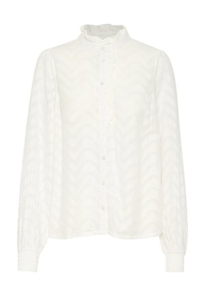 Blusa blanca con un patrón texturizado en zigzag, con pliegues en la parte delantera, cierre de botones y mangas largas elásticas. Tejido suave y ligero.