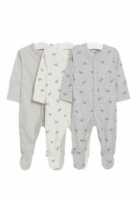 Set med tre babyrumpor i mjuk bomull: grå randig, krämfärgad med små svarta hundtryck och enfärgad grå med liknande tryck.