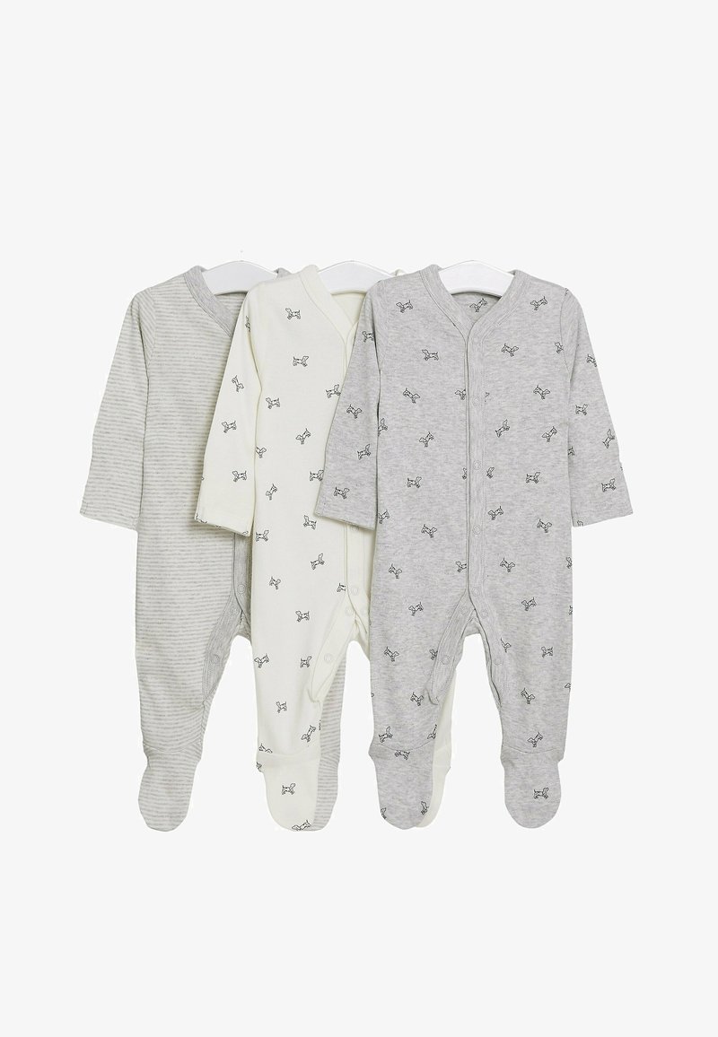 Set med tre babyrumpor i mjuk bomull: grå randig, krämfärgad med små svarta hundtryck och enfärgad grå med liknande tryck.