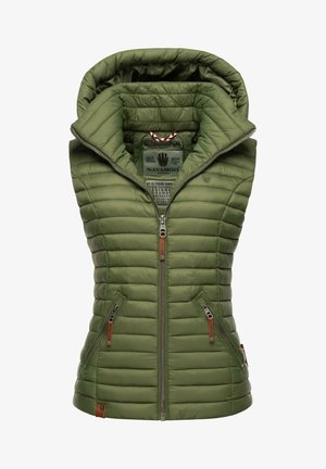 Gilet verde oliva gonfiabile con cappuccio, design trapuntato, due tasche laterali con zip e un'etichetta con il marchio all'interno. Dettagli in pelle marrone.