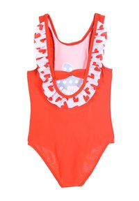 Maillot de bain rouge une pièce avec un col à volants blanc arborant des motifs de cœurs rouges. Le design central présente un nœud et un graphique à pois.