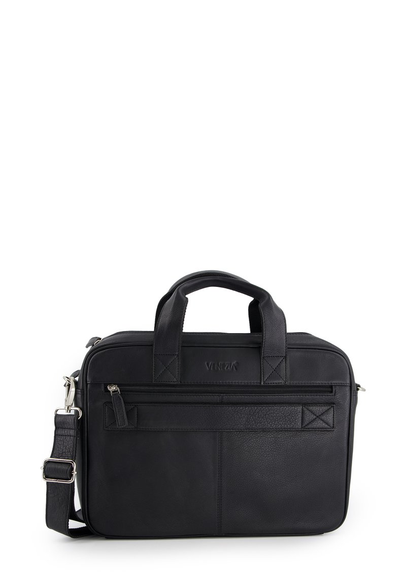 Sort lædermappe med dobbelthåndtag, justerbar skulderrem, frontlomme med lynlås og tekstureret finish. Indeholder logo prægning.