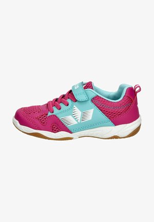 Pink and light blue athletic shoe with mesh and synthetic material, lace and Velcro closure, white sole, and silver logo detail.
